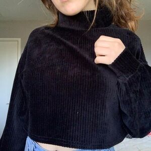 Women’s Black Cropped Velvet ribbed Turtleneck cabincore Sweater Small